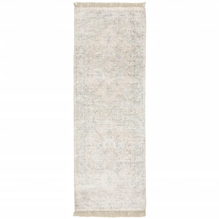 8' Beige And Gray Oriental Hand Loomed Runner Rug With Fringe