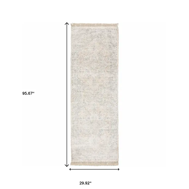 8' Beige And Gray Oriental Hand Loomed Runner Rug With Fringe