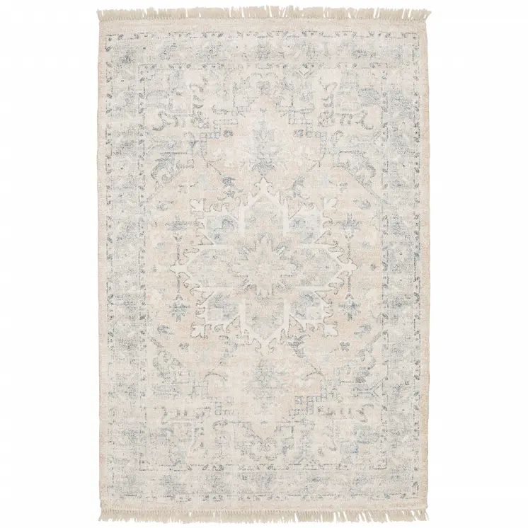 5' X 8' Beige And Grey Oriental Hand Loomed Stain Resistant Area Rug With Fringe