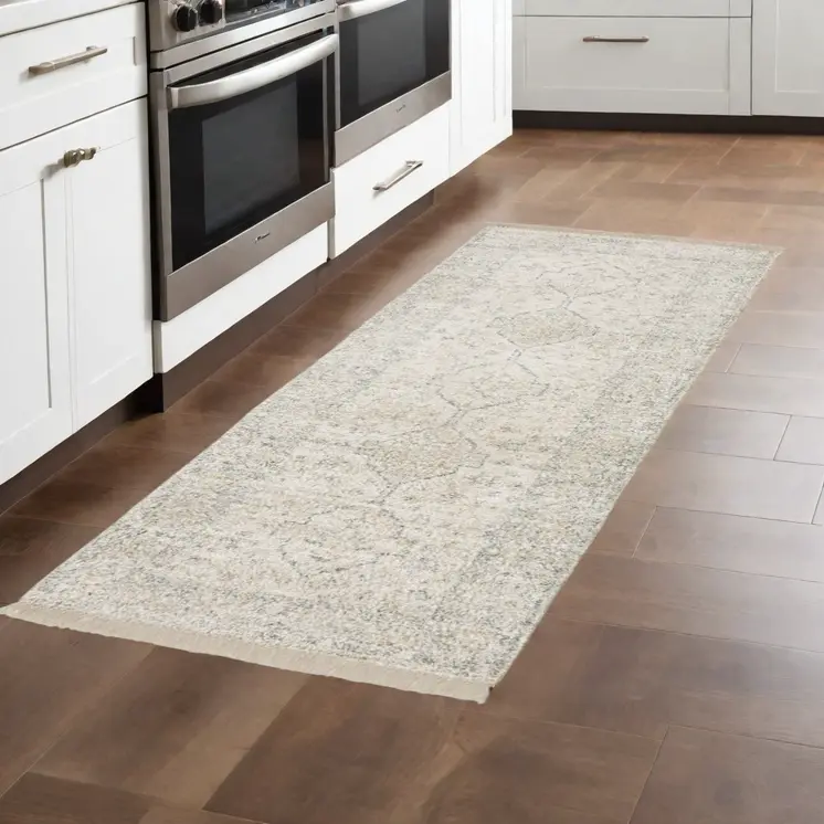 8' Beige And Charcoal Oriental Hand Loomed Distressed Runner Rug With Fringe