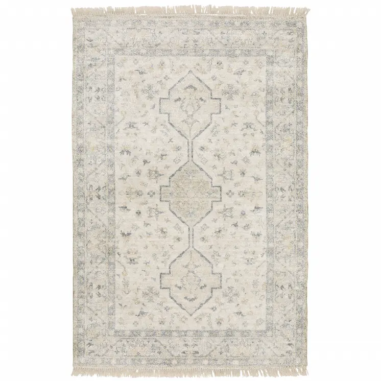 5' X 8' Beige And Charcoal Oriental Hand Loomed Stain Resistant Area Rug With Fringe