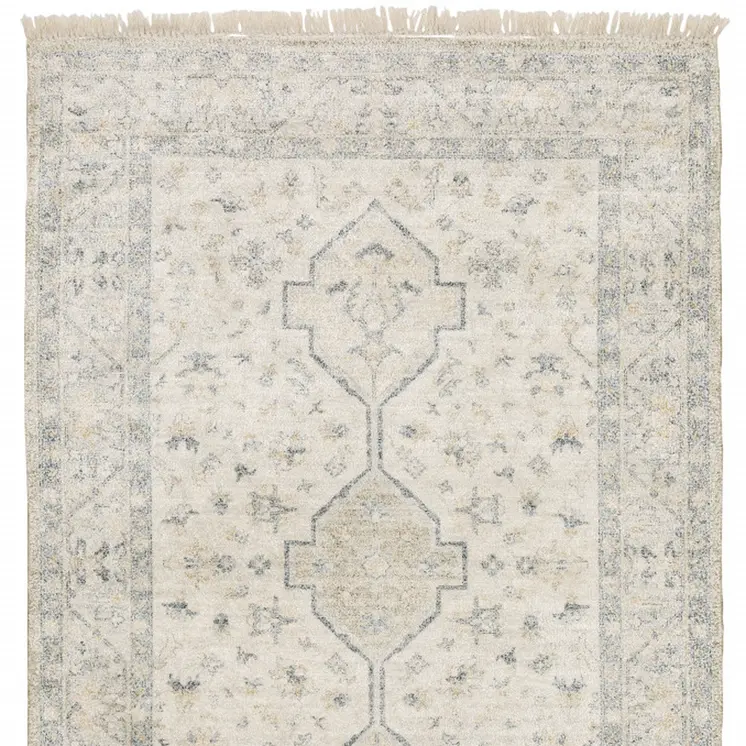 8' X 10' Beige And Charcoal Oriental Hand Loomed Stain Resistant Area Rug With Fringe