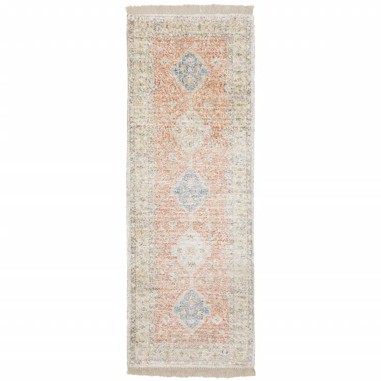 8' Orange And Blue Oriental Hand Loomed Distressed Runner Rug With Fringe