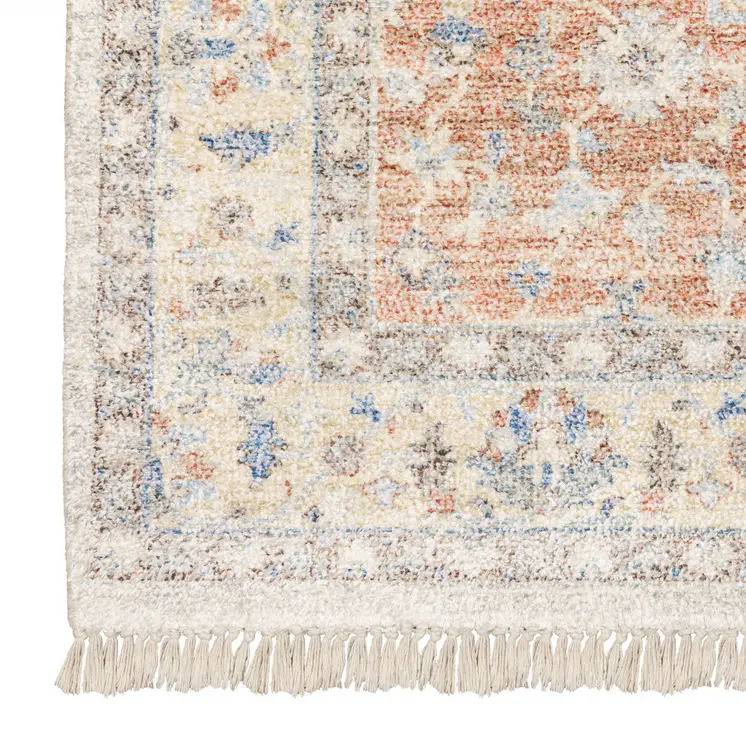 8' X 10' Blue and Orange Oriental Hand Loomed Area Rug With Fringe
