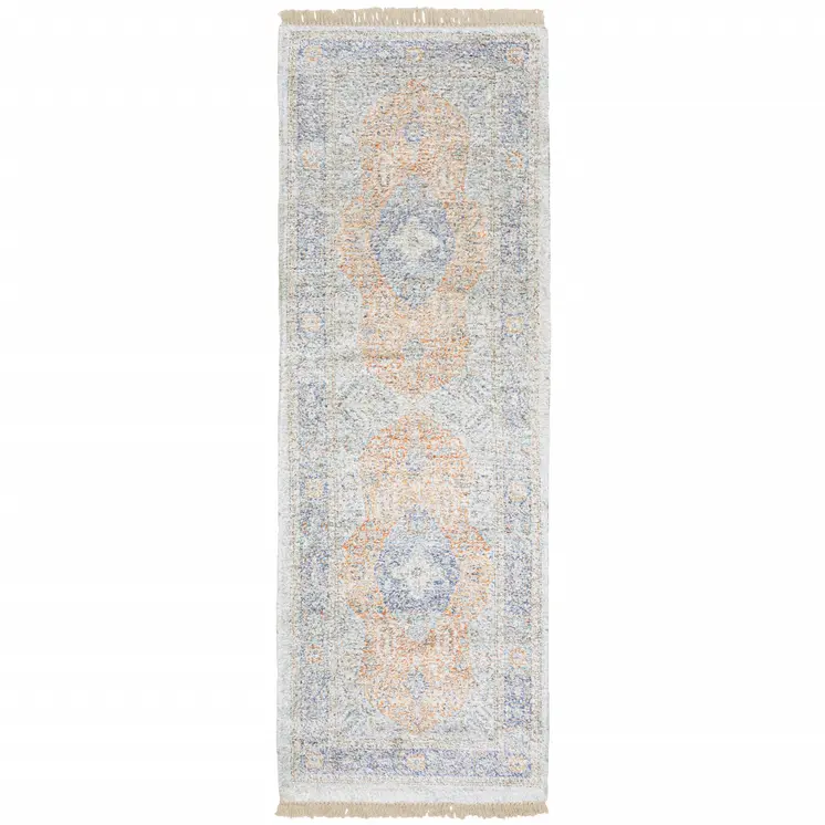 8' Blue And Red Oriental Hand Loomed Distressed Runner Rug With Fringe