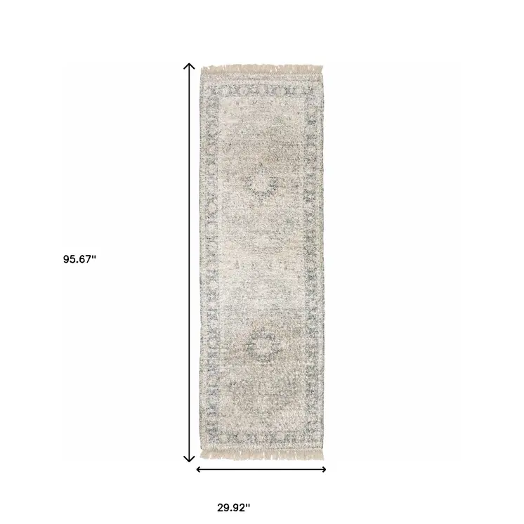 8' Beige And Gray Oriental Hand Loomed Distressed Runner Rug With Fringe