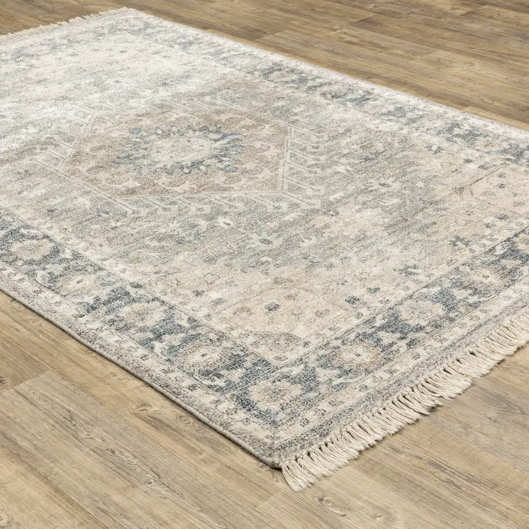 8' X 10' Beige And Grey Oriental Hand Loomed Stain Resistant Area Rug With Fringe