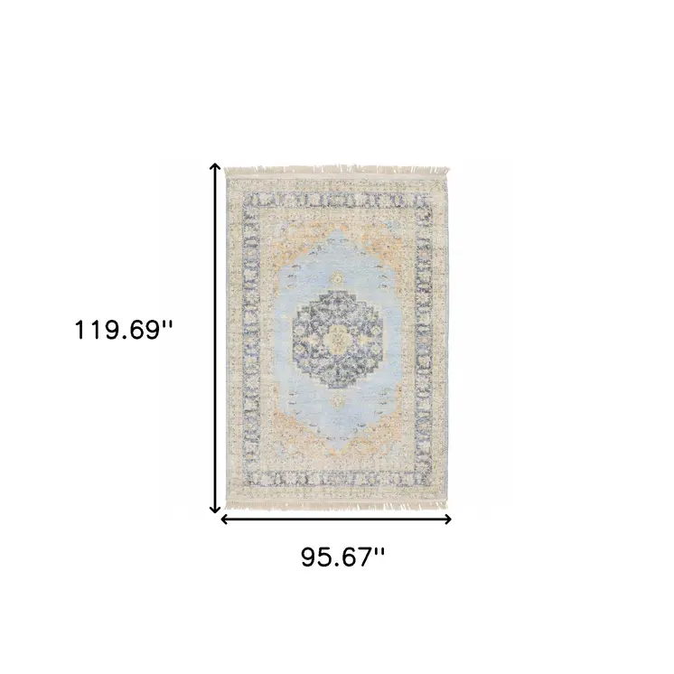 8' X 10' Blue And Beige Oriental Hand Loomed Stain Resistant Area Rug With Fringe