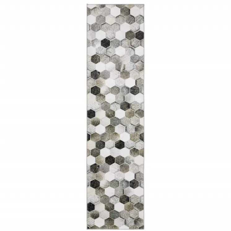 8' Gray And Charcoal Geometric Runner Rug