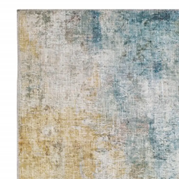 2' X 8' Blue And Yellow Abstract Power Loom Stain Resistant Runner Rug