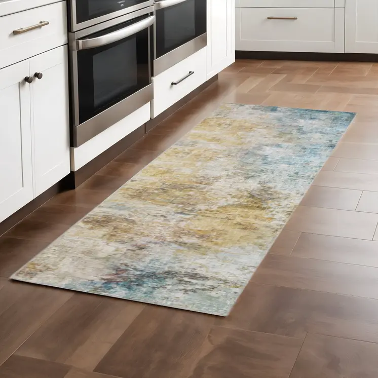 2' X 8' Blue And Yellow Abstract Power Loom Stain Resistant Runner Rug