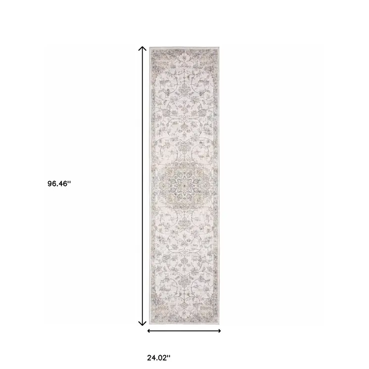 8' Beige And Gold Oriental Distressed Runner Rug