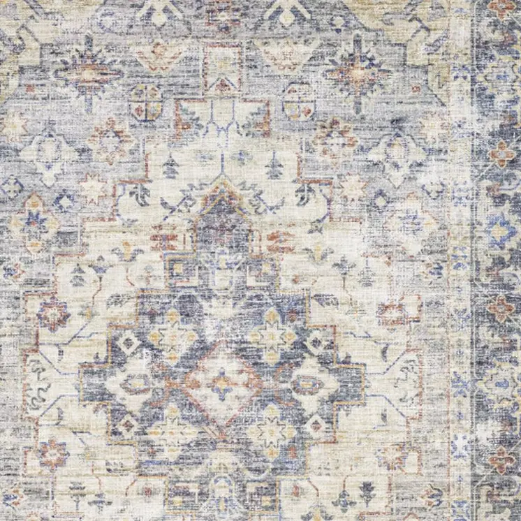 5' X 7' Blue Gold Grey Orange Yellow And Purple Oriental Power Loom Stain Resistant Area Rug
