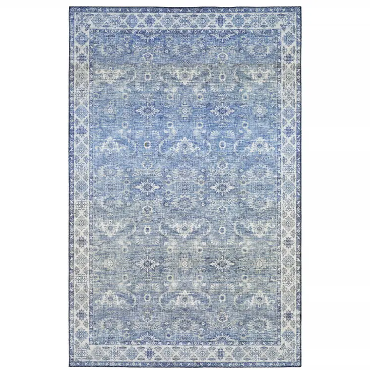 9' X 12' Blue And Ivory Oriental Distressed Area Rug