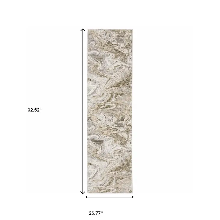 2' X 8' Ivory Tan Beige Grey And Brown Abstract Power Loom Stain Resistant Runner Rug