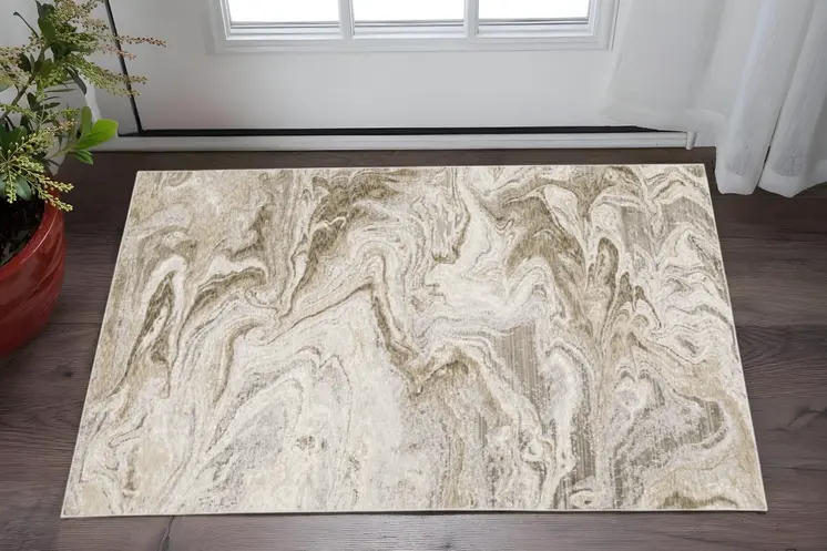 3' X 5' Ivory Tan Beige Grey And Brown Abstract Power Loom Stain Resistant Area Rug