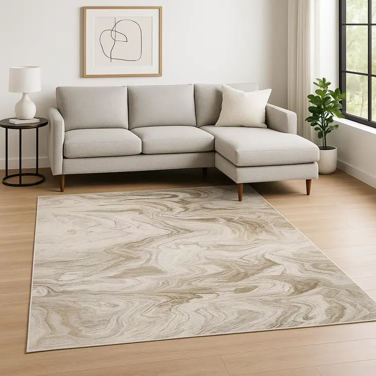 8' X 11' Ivory Tan Beige Grey And Brown Abstract Power Loom Stain Resistant Area Rug