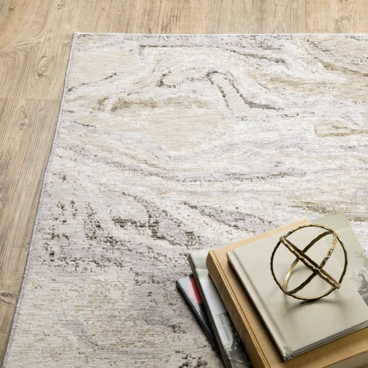 10' X 13' Ivory Tan Beige Grey And Brown Abstract Power Loom Stain Resistant Area Rug