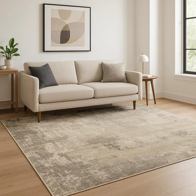 5' X 8' Beige Grey Ivory Tan And Brown Abstract Power Loom Stain Resistant Area Rug