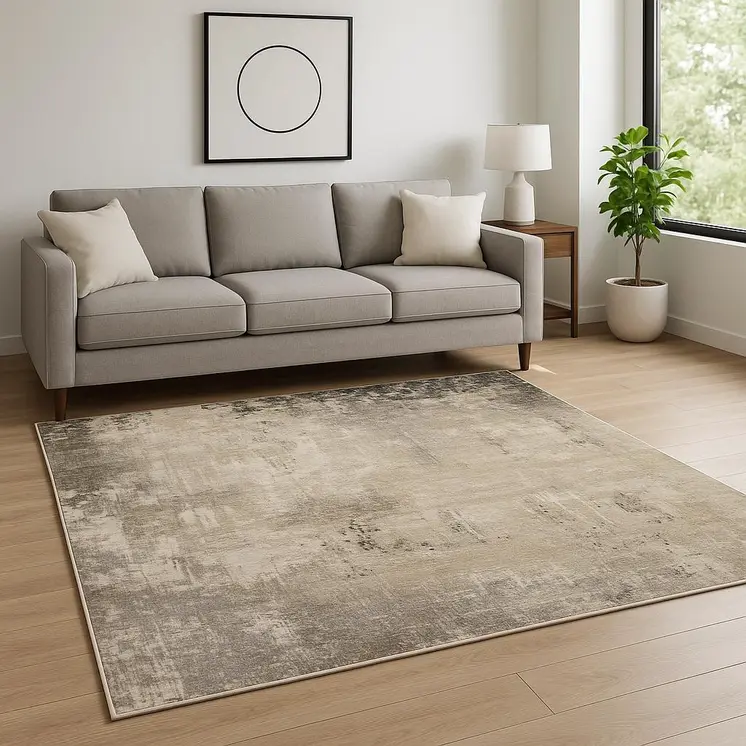 8' X 11' Beige Grey Ivory Tan And Brown Abstract Power Loom Stain Resistant Area Rug