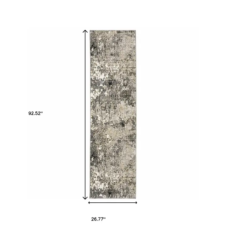 2' X 8' Grey Ivory Beige Charcoal Black Tan And Brown Abstract Power Loom Stain Resistant Runner Rug