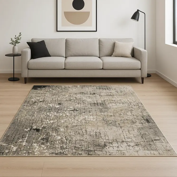 6' X 9' Grey Ivory Beige Charcoal Black Tan And Brown Abstract Power Loom Stain Resistant Area Rug