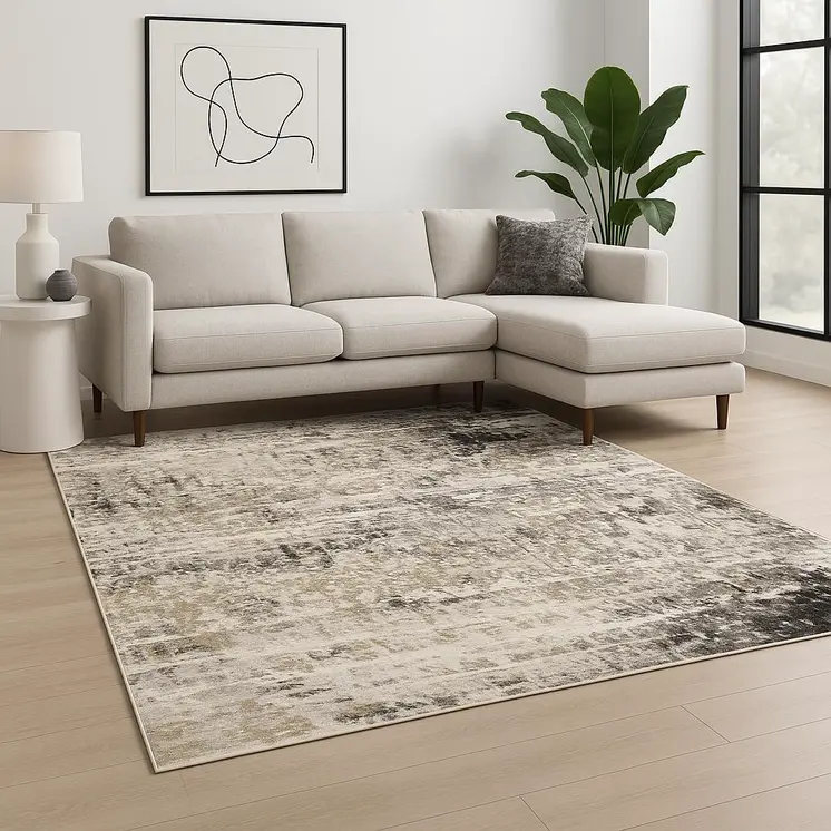 10' X 13' Grey Ivory Beige Charcoal Black Tan And Brown Abstract Power Loom Stain Resistant Area Rug