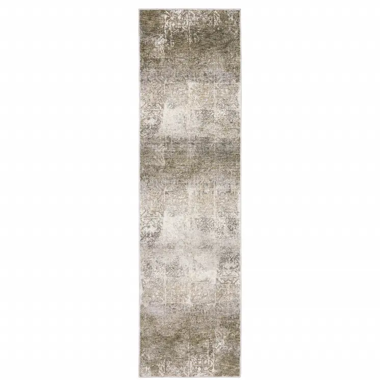 2' X 8' Ivory Grey Tan Brown And Beige Abstract Power Loom Stain Resistant Runner Rug