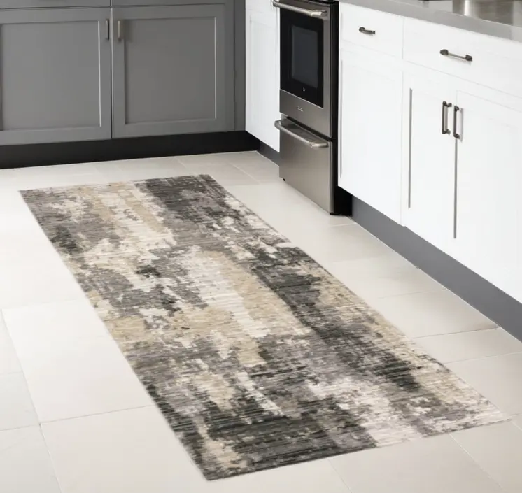 8' Gray And Beige Abstract Distressed Runner Rug