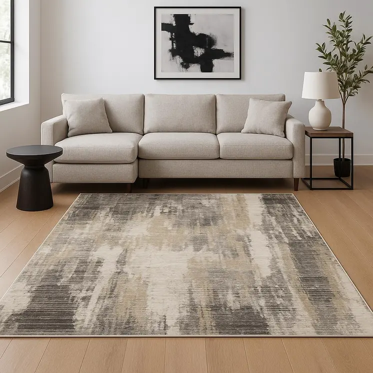 6' X 9' Grey Beige Charcoal Brown Tan And Ivory Abstract Power Loom Stain Resistant Area Rug