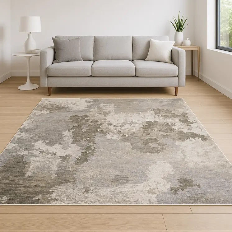 10' X 13' Grey Ivory Beige Tan Brown And Black Abstract Power Loom Stain Resistant Area Rug