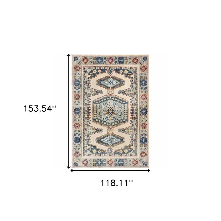 10' X 13' Ivory And Blue Oriental Power Loom Stain Resistant Area Rug