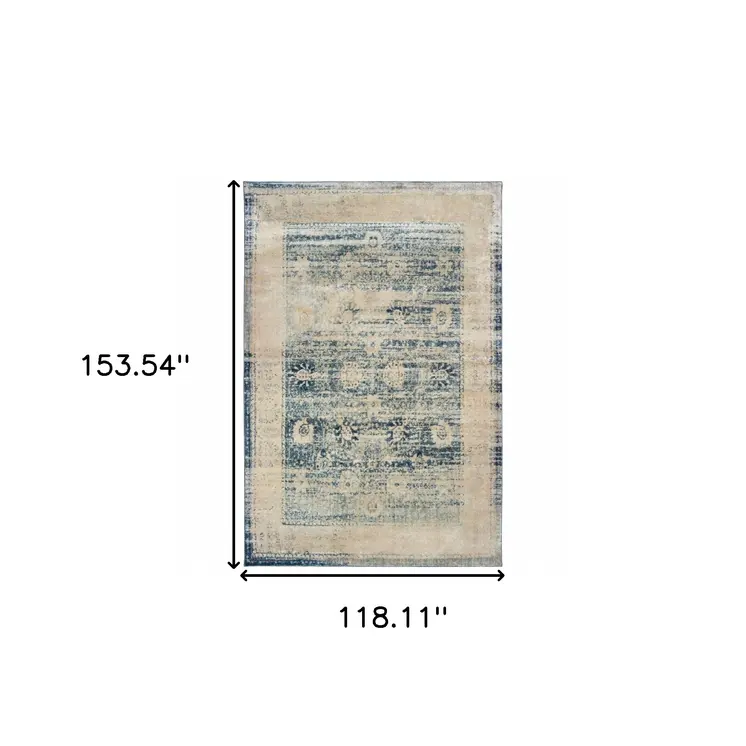 10' X 13' Ivory And Blue Oriental Power Loom Stain Resistant Area Rug