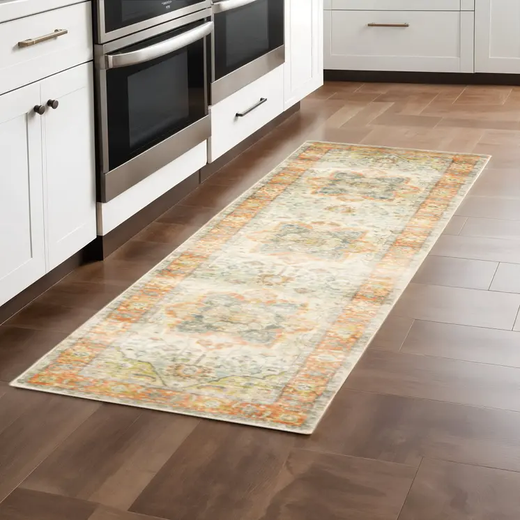 2' X 8' Blue And Orange Abstract Power Loom Stain Resistant Runner Rug