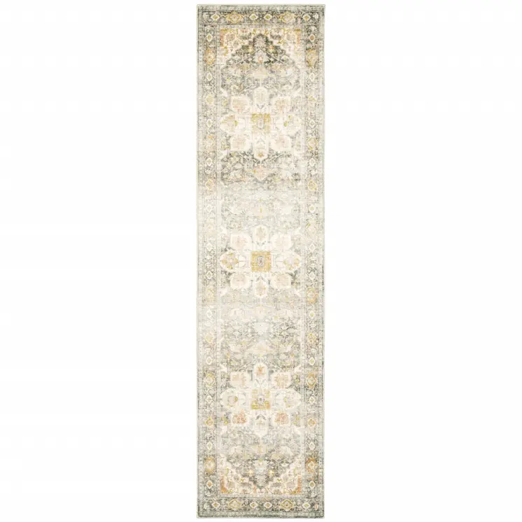 2' X 8' Gray And Ivory Oriental Power Loom Stain Resistant Runner Rug