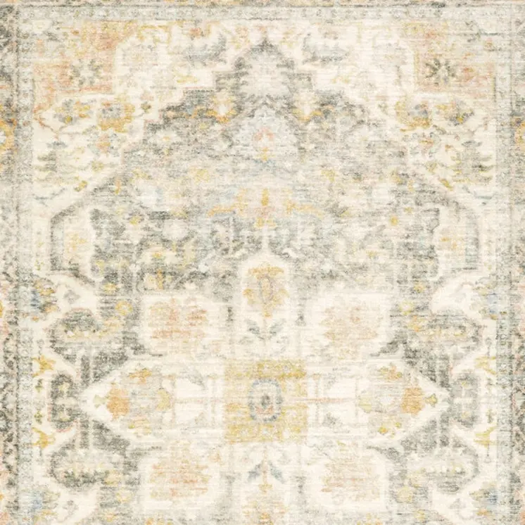 8' X 10' Grey Gold Orange And Ivory Oriental Power Loom Stain Resistant Area Rug