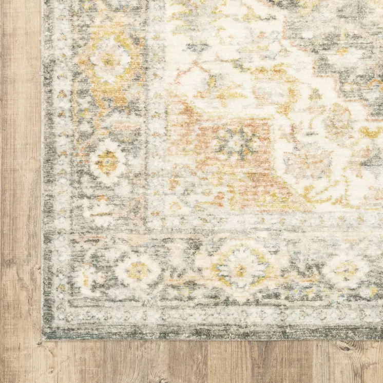 8' X 10' Grey Gold Orange And Ivory Oriental Power Loom Stain Resistant Area Rug