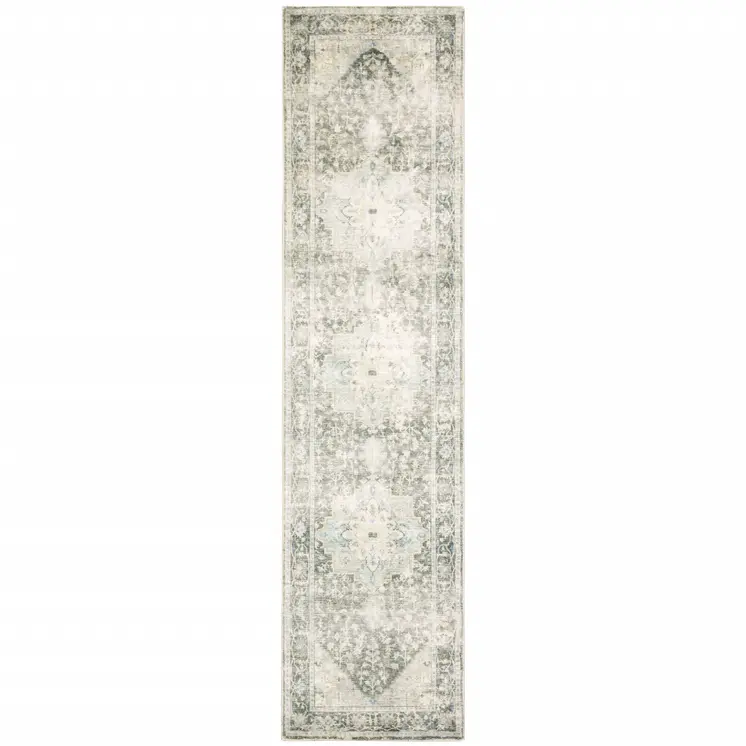 8' Gray and Ivory Oriental Power Loom Runner Rug