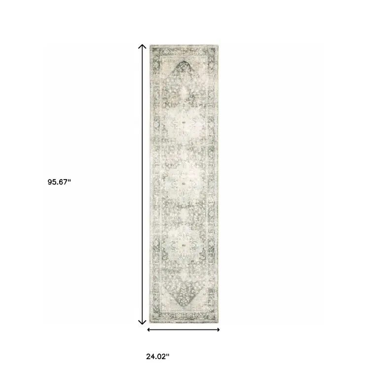 8' Gray and Ivory Oriental Power Loom Runner Rug
