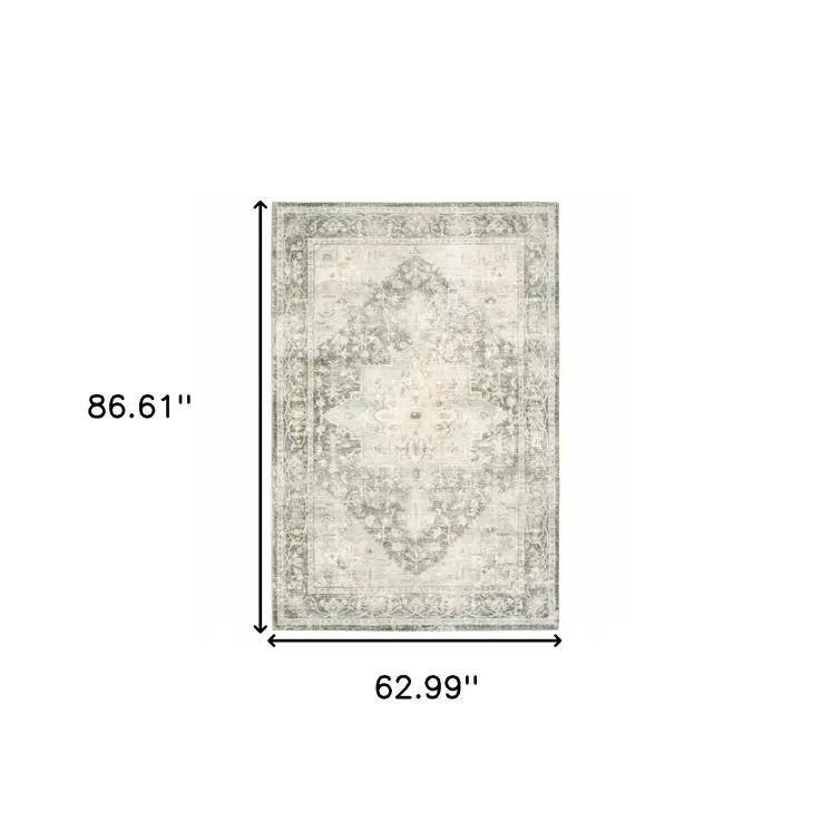 5' X 7' Grey Ivory And Blue Oriental Power Loom Stain Resistant Area Rug