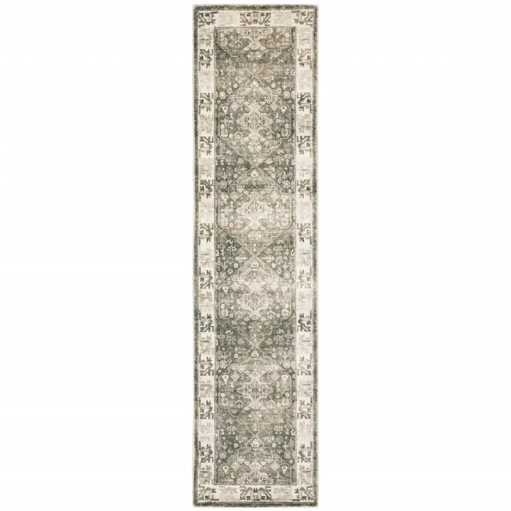 8' Gray and Ivory Oriental Power Loom Runner Rug
