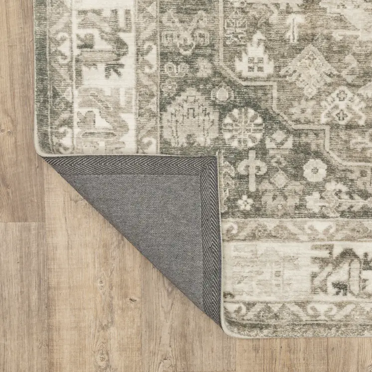 8' Gray and Ivory Oriental Power Loom Runner Rug