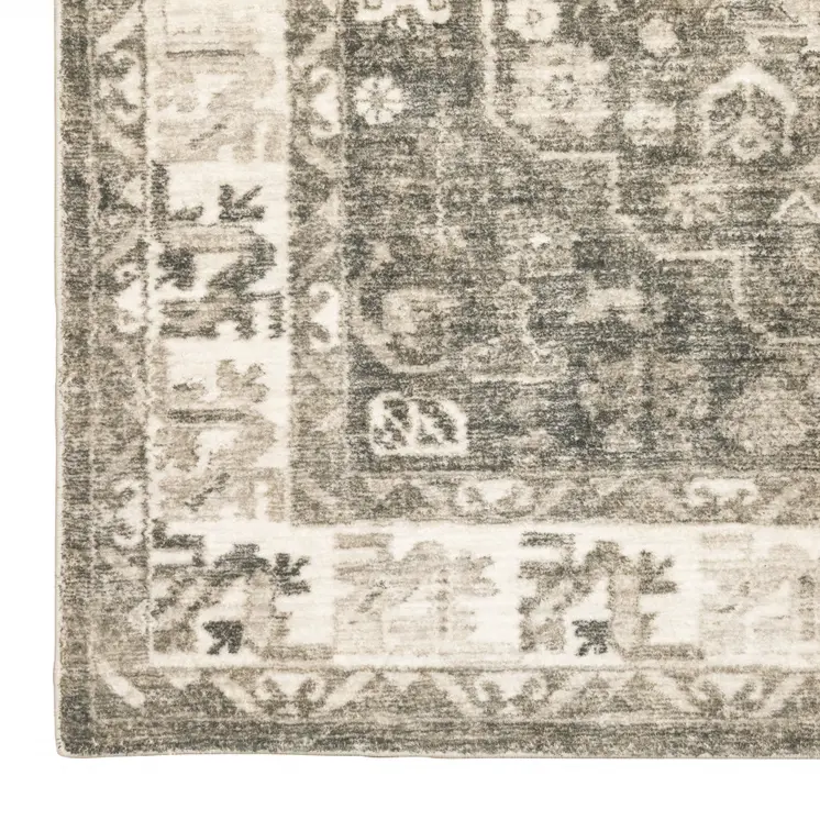8' Gray and Ivory Oriental Power Loom Runner Rug