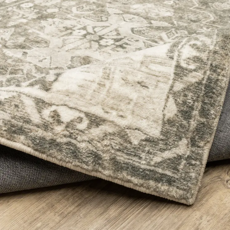 8' Gray and Ivory Oriental Power Loom Runner Rug