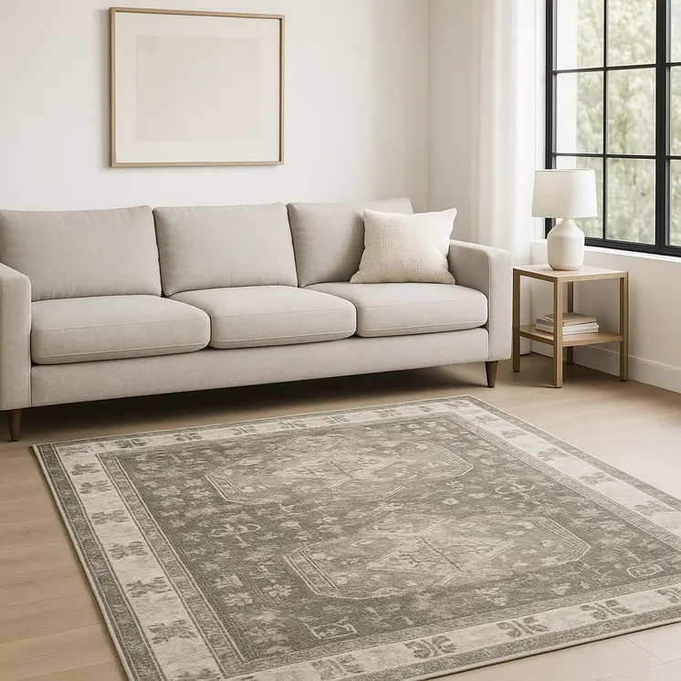 8' X 10' Grey Ivory Tan And Beige Oriental Power Loom Stain Resistant Area Rug