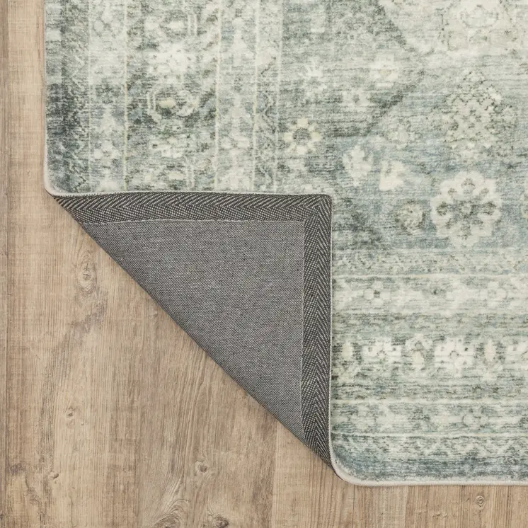 2' X 8' Blue Ivory And Grey Oriental Power Loom Stain Resistant Runner Rug