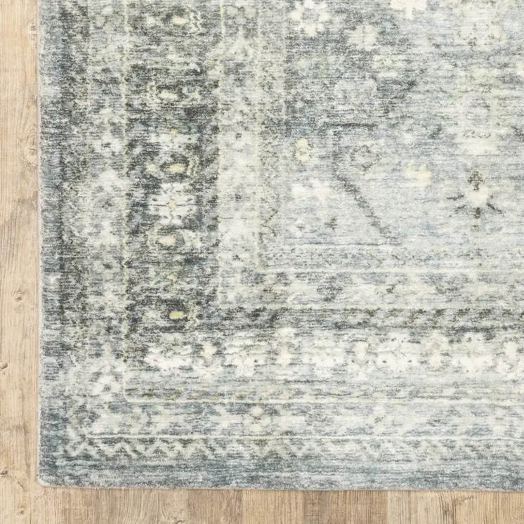 2' X 8' Blue Ivory And Grey Oriental Power Loom Stain Resistant Runner Rug