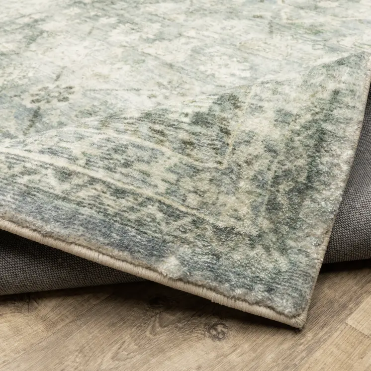 2' X 8' Blue Ivory And Grey Oriental Power Loom Stain Resistant Runner Rug