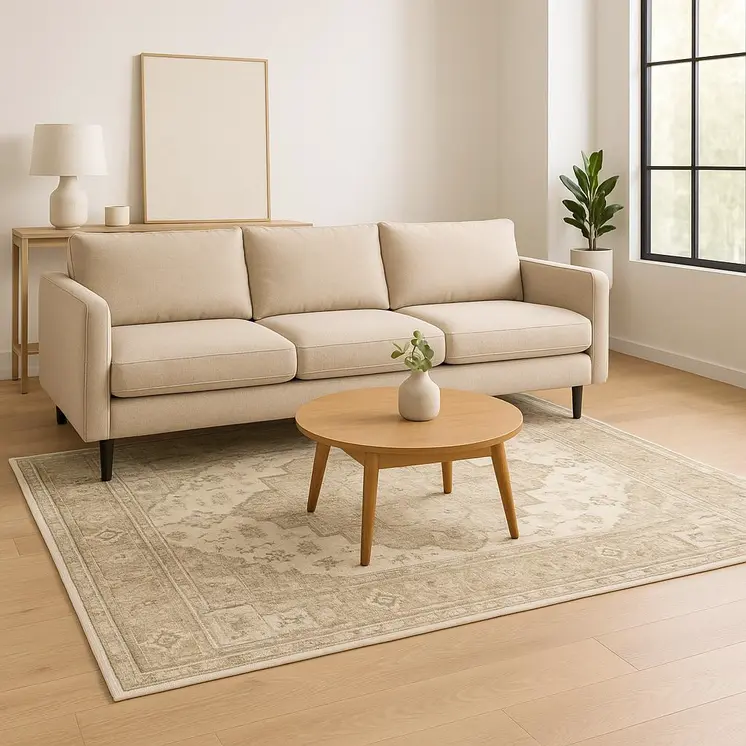 5' X 7' Tan Ivory Grey And Beige Oriental Power Loom Stain Resistant Area Rug