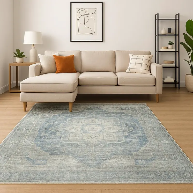 8' X 10' Grey Blue And Ivory Oriental Power Loom Stain Resistant Area Rug